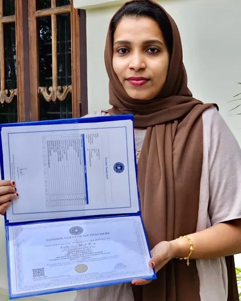 London College of Teachers graduate holding her Master-level TEFL/TESOL certificate and course transcript